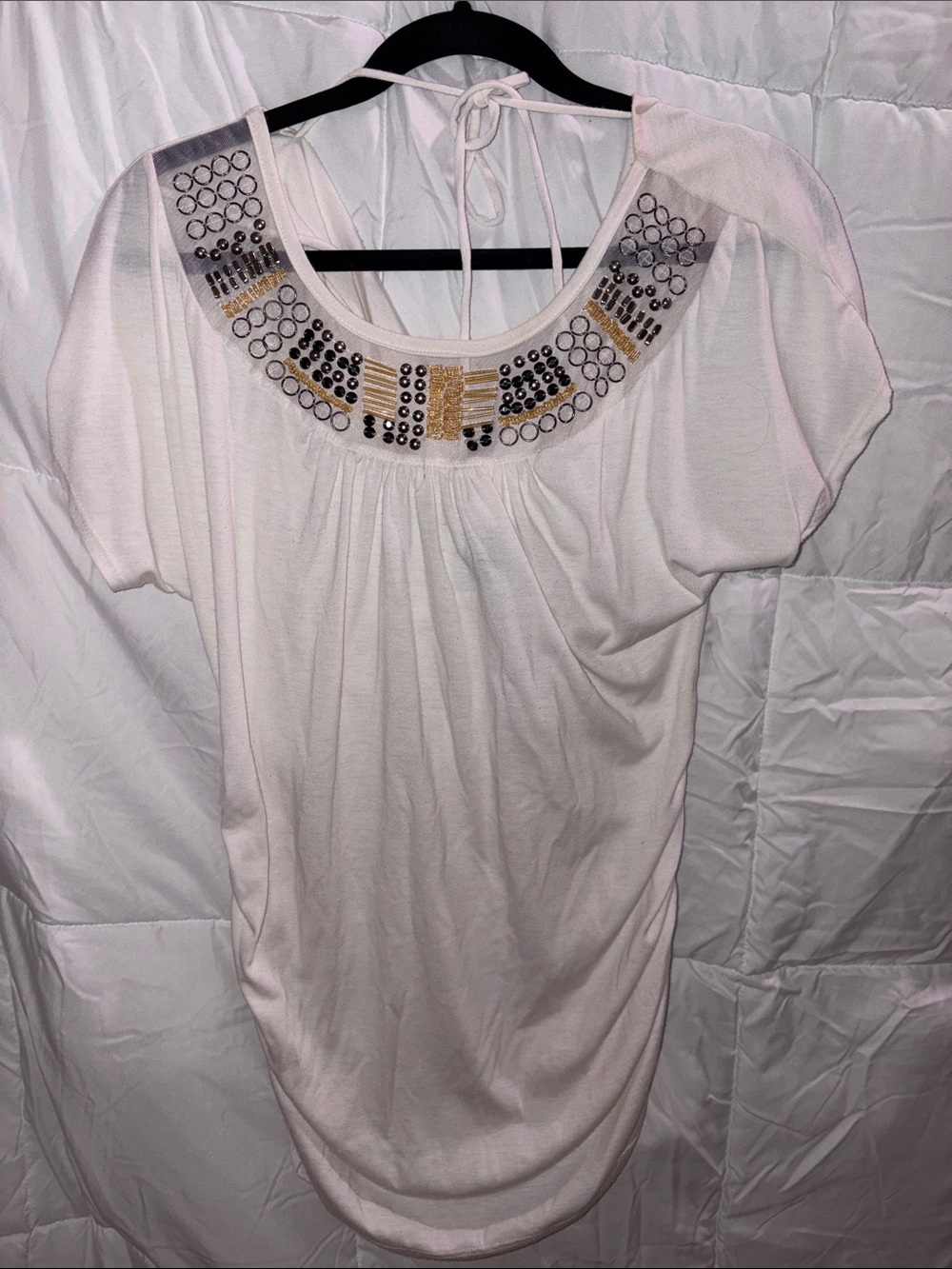 FANG White Tunic Top with Black and Gold Beaded Neckline